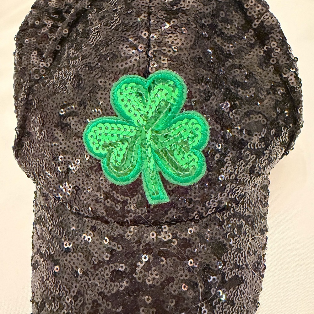 Sequin Black Baseball Cap with Green Shamrock Patch